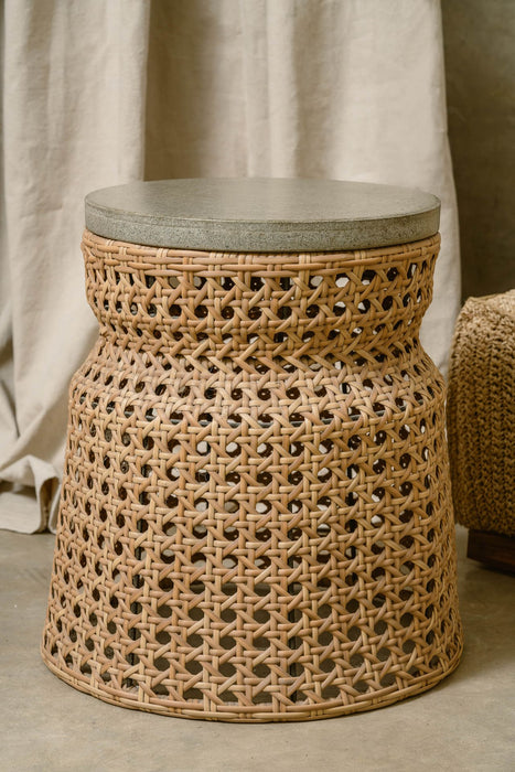 ALTOS CEMENT AND RATTAN SIDE TABLE