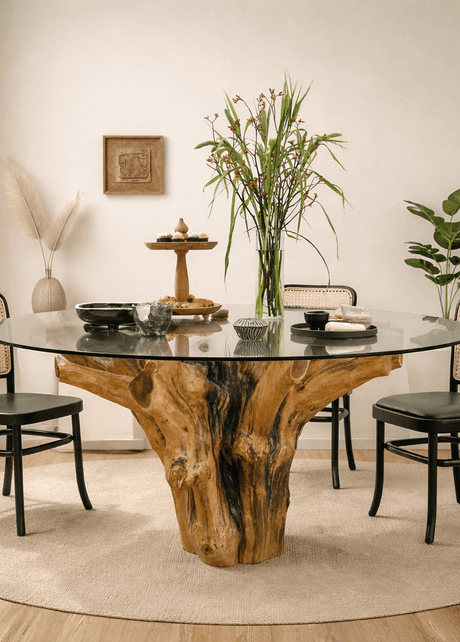 Java teak root dining table with tempered glass top