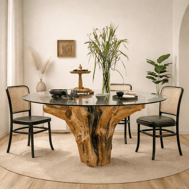 Java teak root dining table with tempered glass top