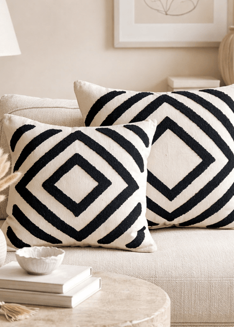 Handwoven cotton cushion in black towel-texture square design