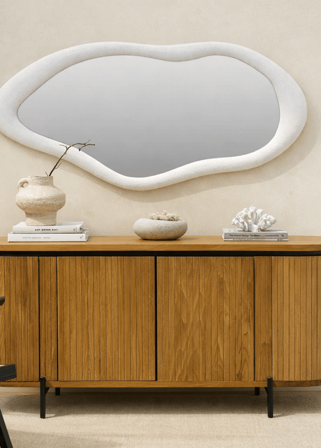 Annabelle wavy wall mirror in white textured MDF, made in the UAE