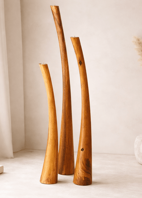 Suar wood candle holders, set of three
