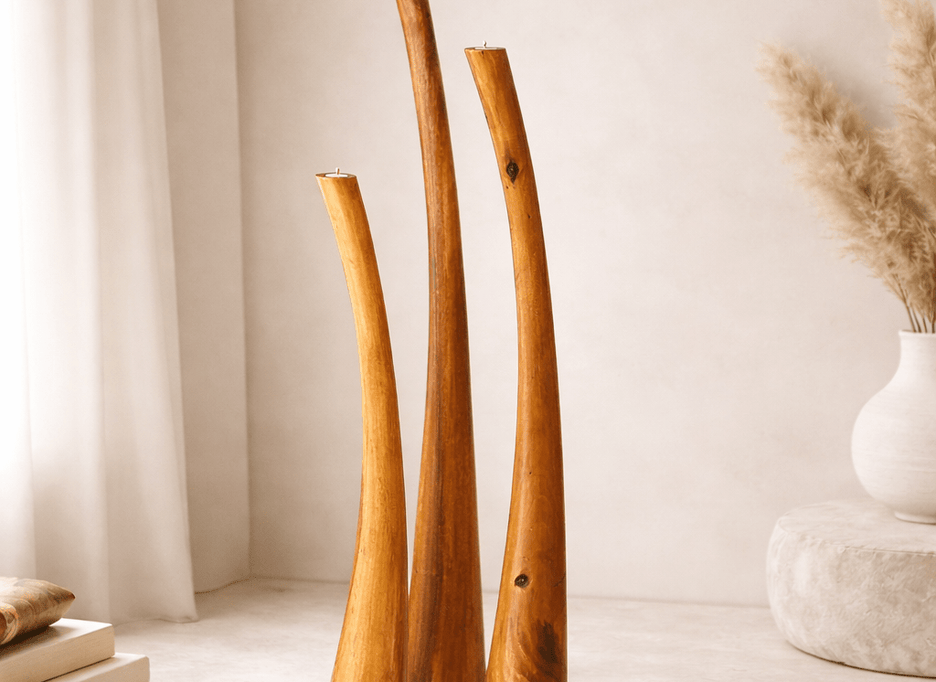 Suar wood candle holders, set of three