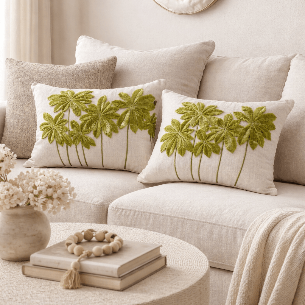 وسادة من الصوف الأخضر بنقشة نخيل