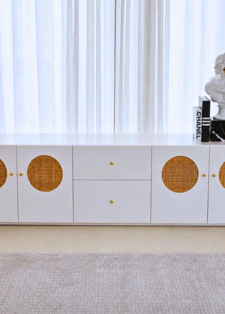 Elle TV console in premium MDF with natural rattan fronts