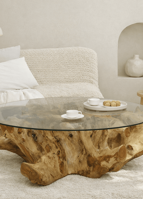 Java teak root coffee table with tempered glass top