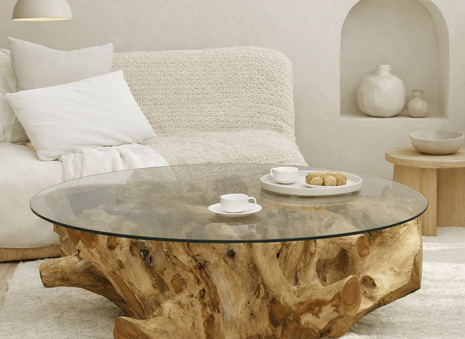 Java teak root coffee table with tempered glass top