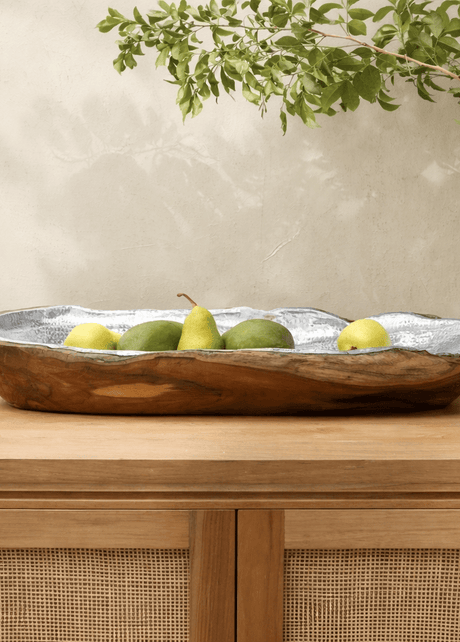 Maritime serving bowl with silver aluminium inner and teak exterior