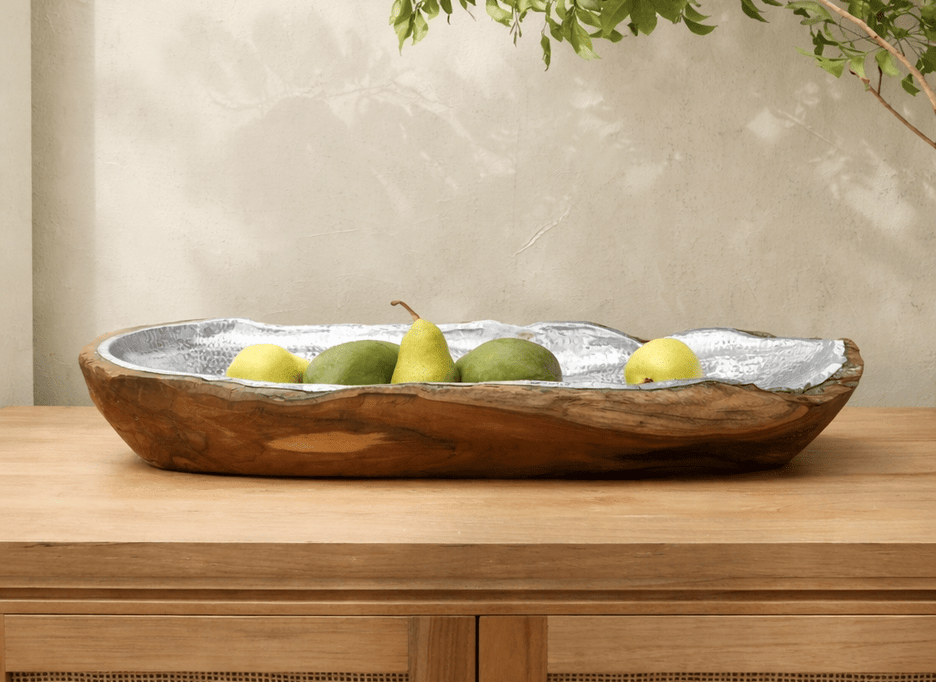 Maritime serving bowl with silver aluminium inner and teak exterior