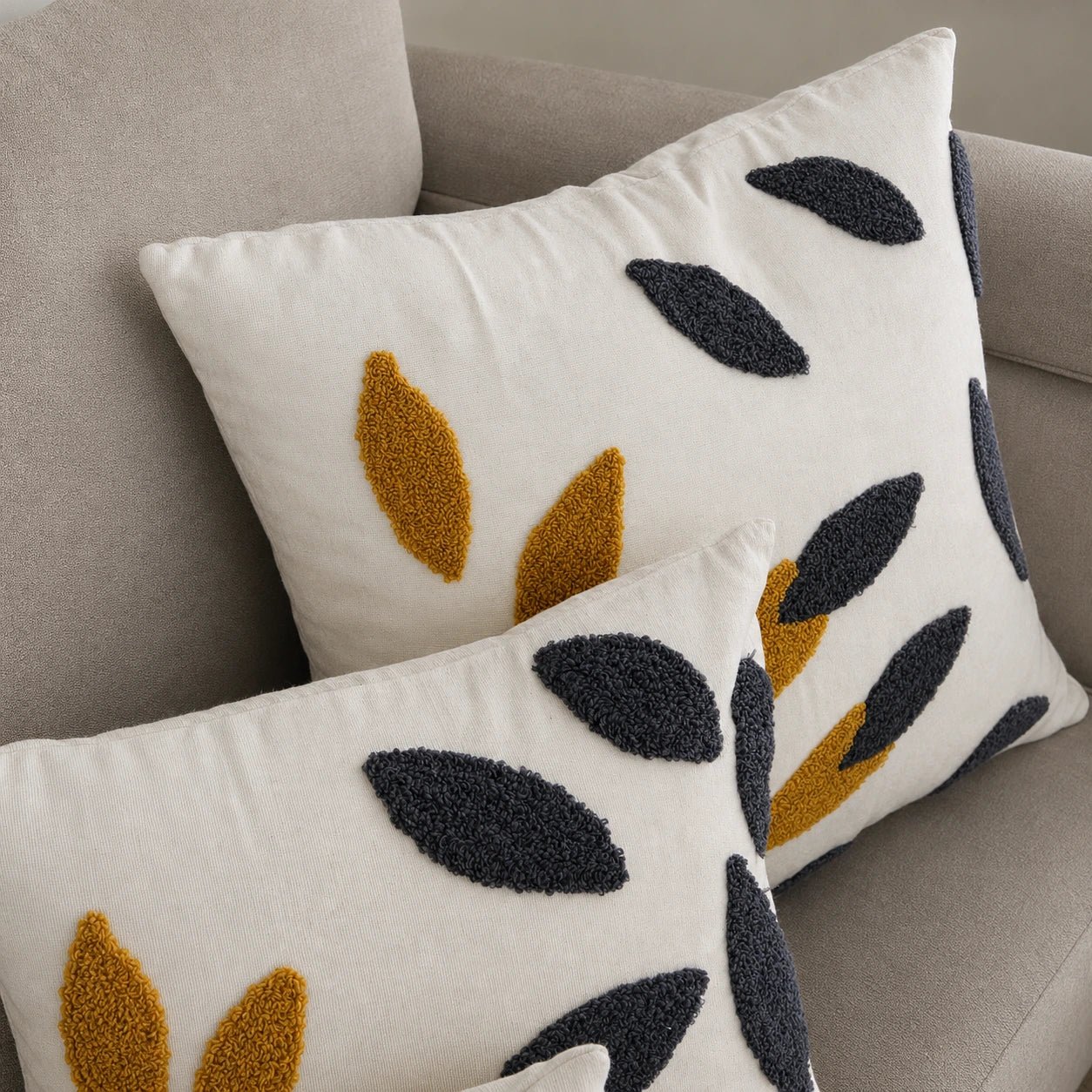 Black and gold leaf cotton cushion, view 7