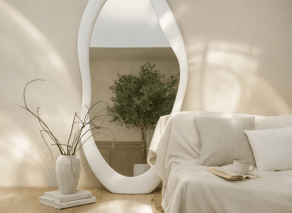 Annabelle wavy mirror in white textured MDF, made in the UAE