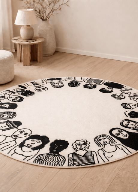 Unity round designer rug with figurative portrait motifs