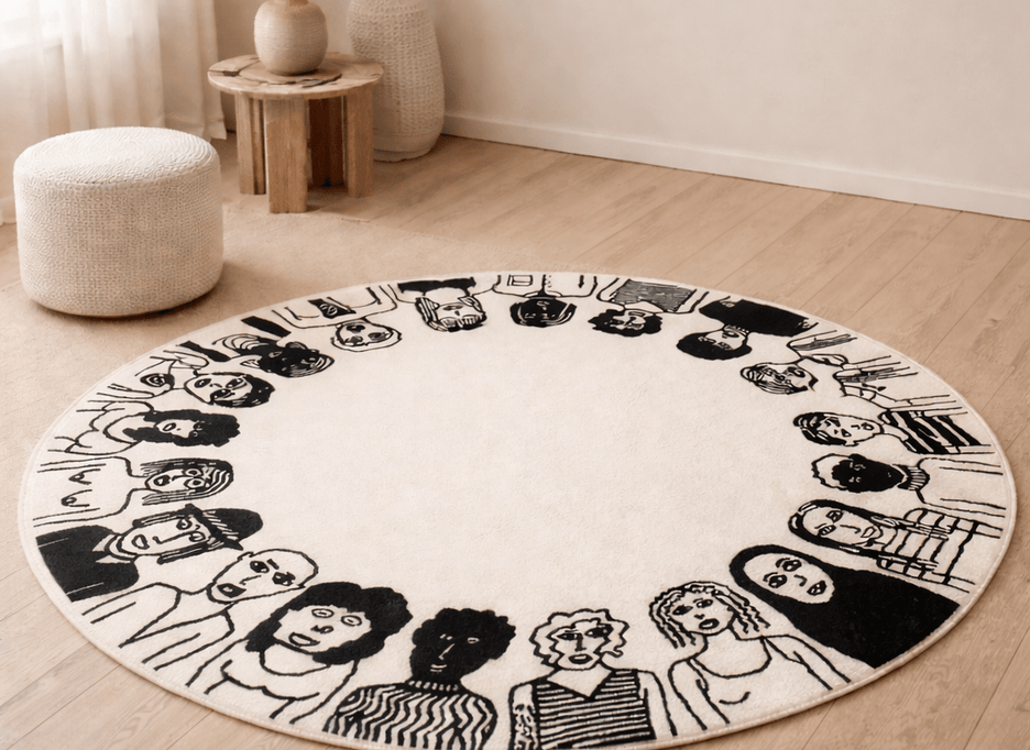 Unity round designer rug with figurative portrait motifs