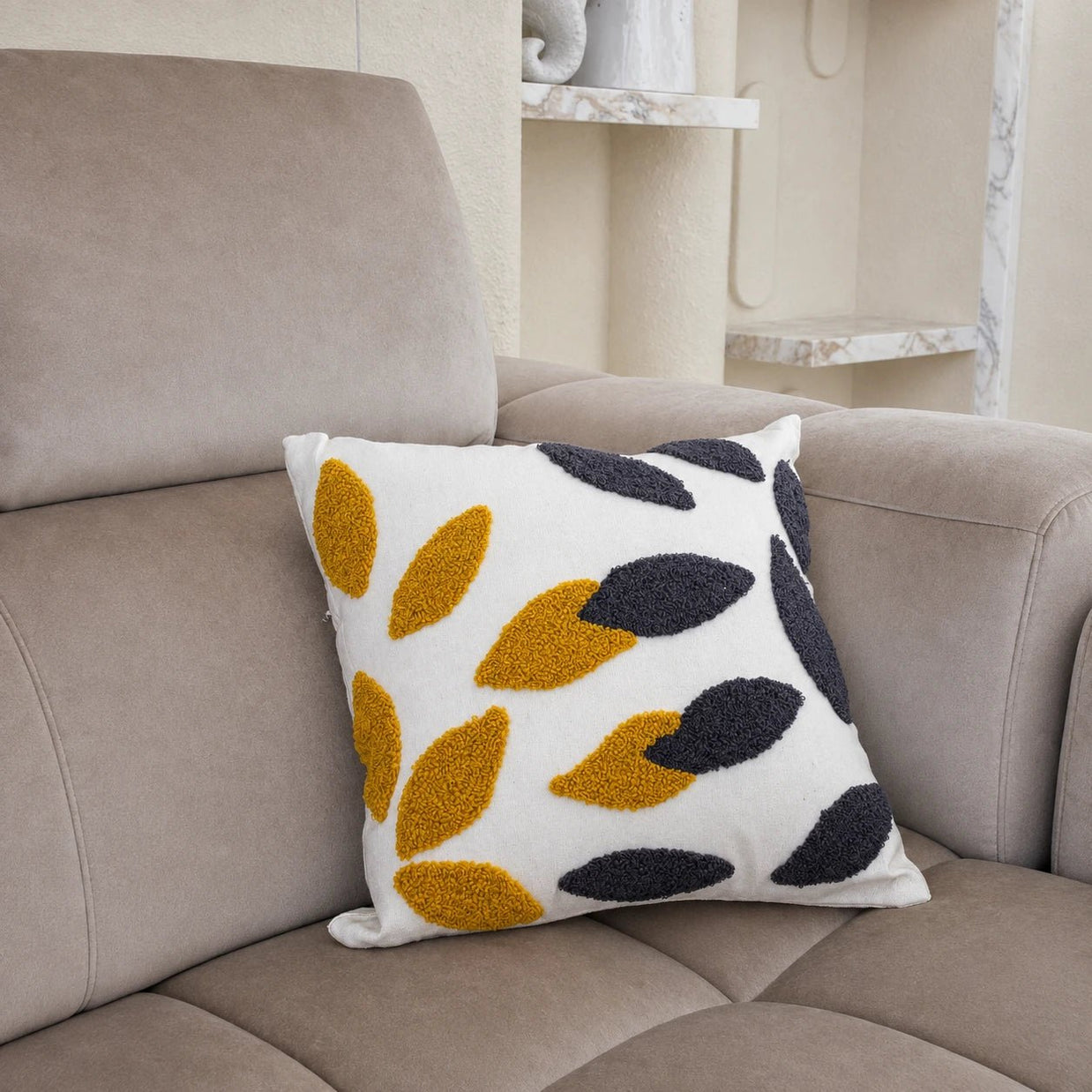 Black and gold leaf cotton cushion, view 3
