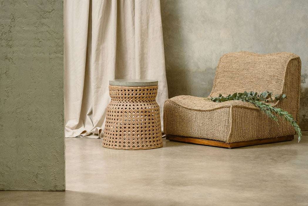 ALTOS CEMENT AND RATTAN SIDE TABLE