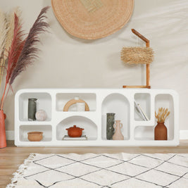 Annabelle TV console with Mediterranean design and arched details