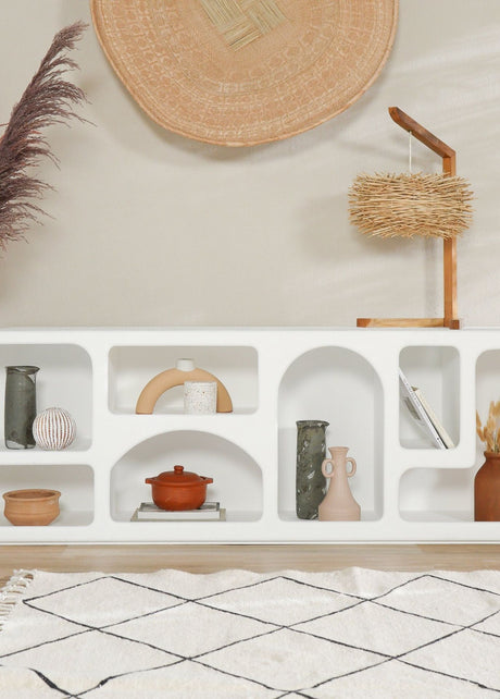 Annabelle TV console with Mediterranean design and arched details