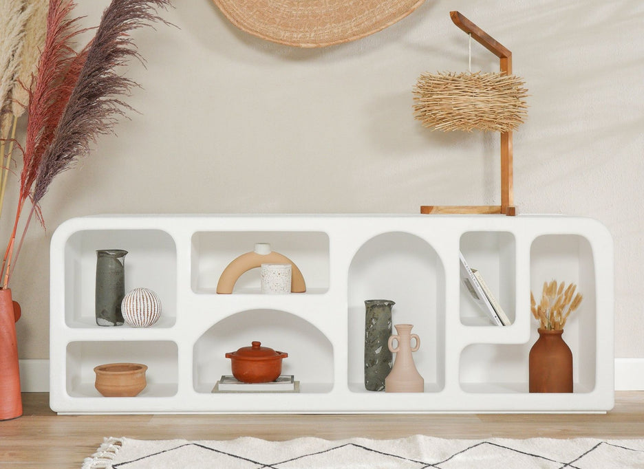 Annabelle TV console with Mediterranean design and arched details