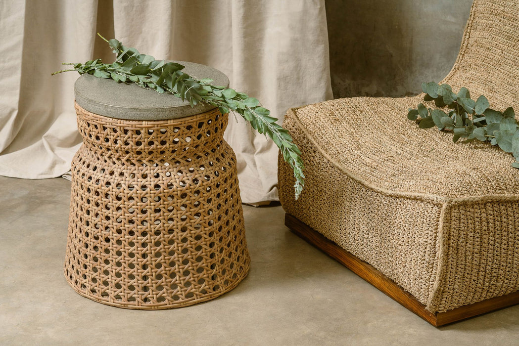 ALTOS CEMENT AND RATTAN SIDE TABLE