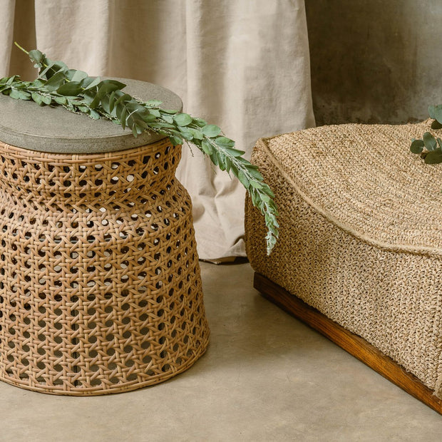Altos side table in cement and rattan