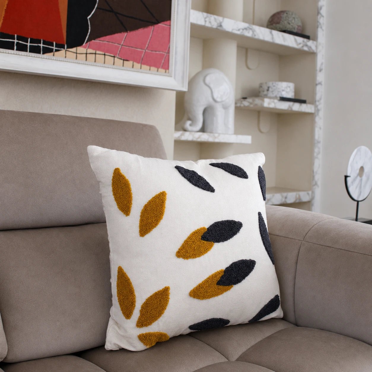 Black and gold leaf cotton cushion, view 4