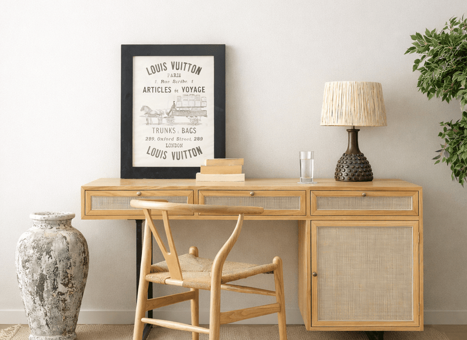Smith study desk in wood with rattan front panels