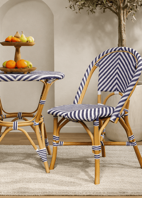 Bistro outdoor dining chair with synthetic rattan on cane frame
