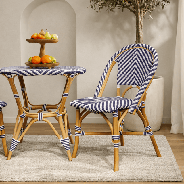 Bistro outdoor dining chair with synthetic rattan on cane frame