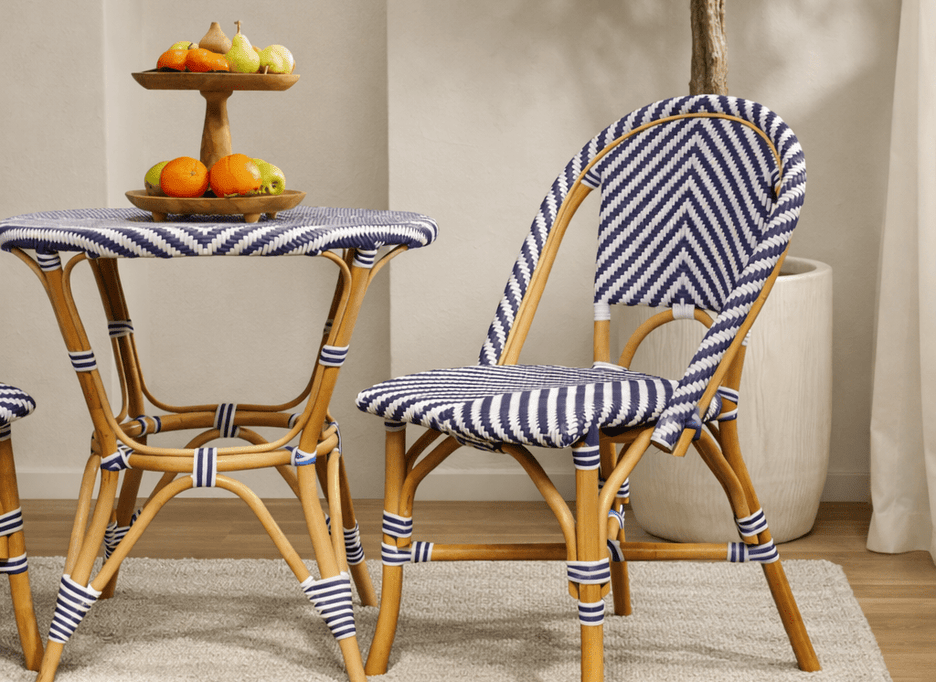 Bistro outdoor dining chair with synthetic rattan on cane frame