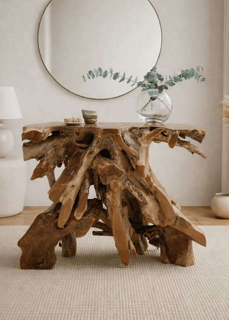 Java teak root console table with natural live-edge grain