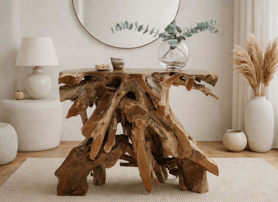 Java teak root console table with natural live-edge grain