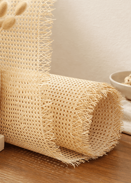 Natural cane webbing in spider weave, sold by the roll