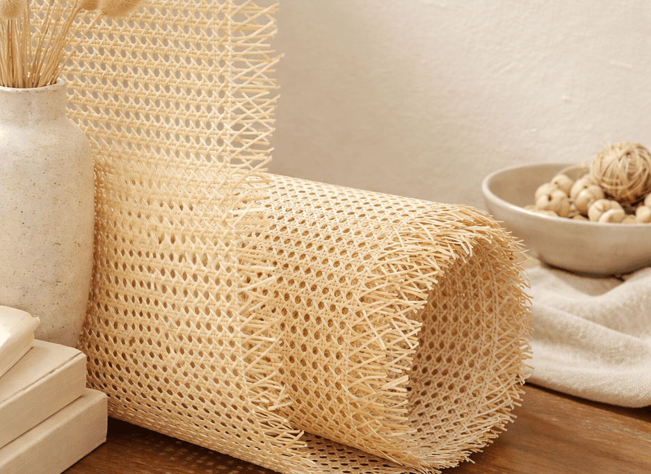 Natural cane webbing in spider weave, sold by the roll