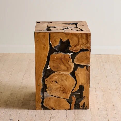 Mosaic wooden side table in patchwork teak, view 4