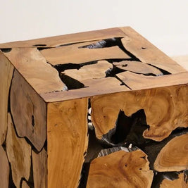 Mosaic wooden side table in patchwork teak, view 3