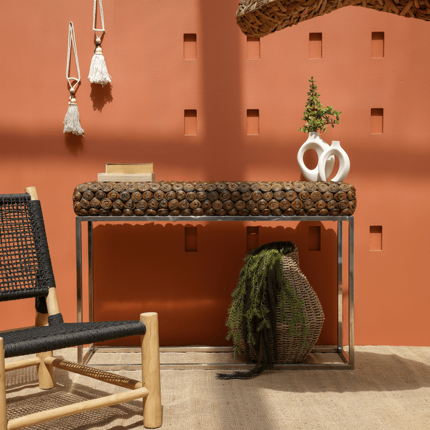 Curly stainless steel console table front view