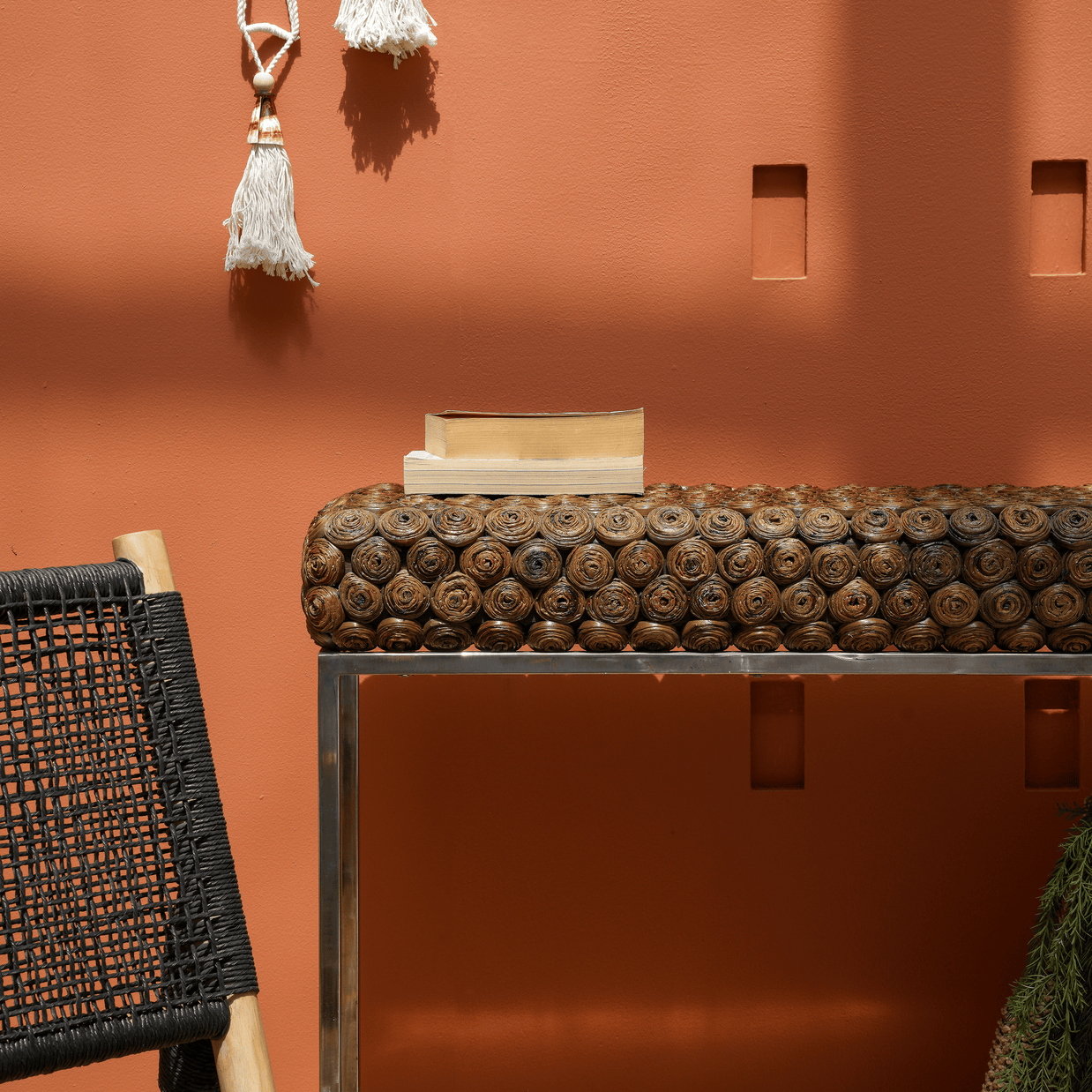 Water hyacinth woven console table texture