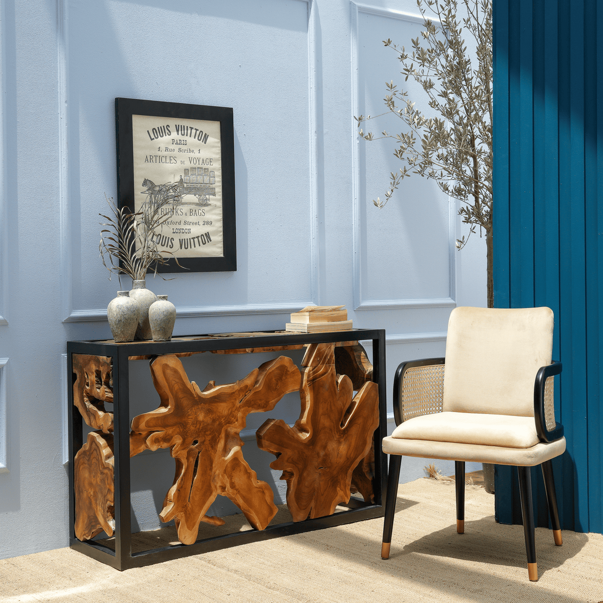 Duncan console table black metal frame detail