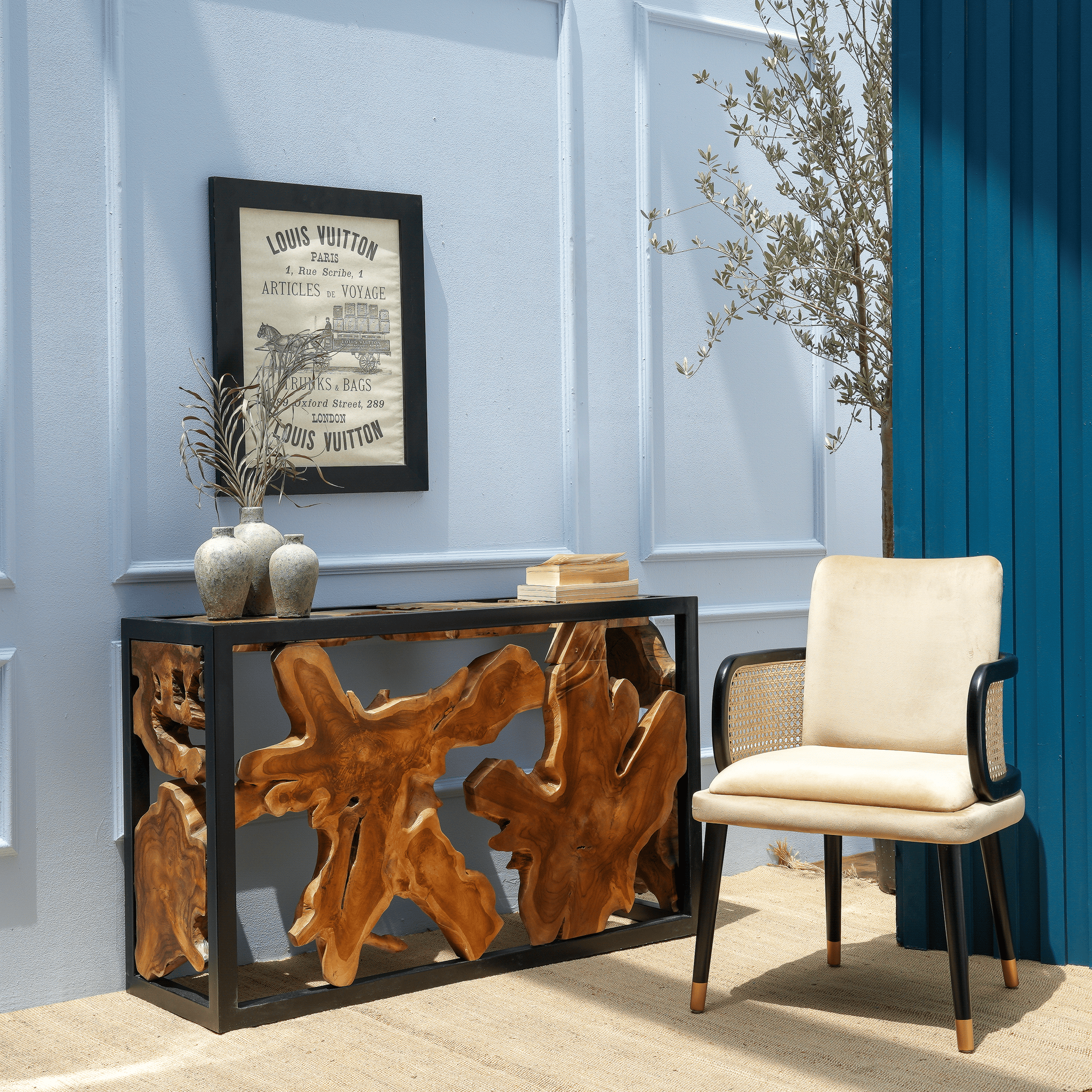 Duncan console table black metal frame detail