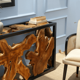 Natural teak root console table unique wood grain