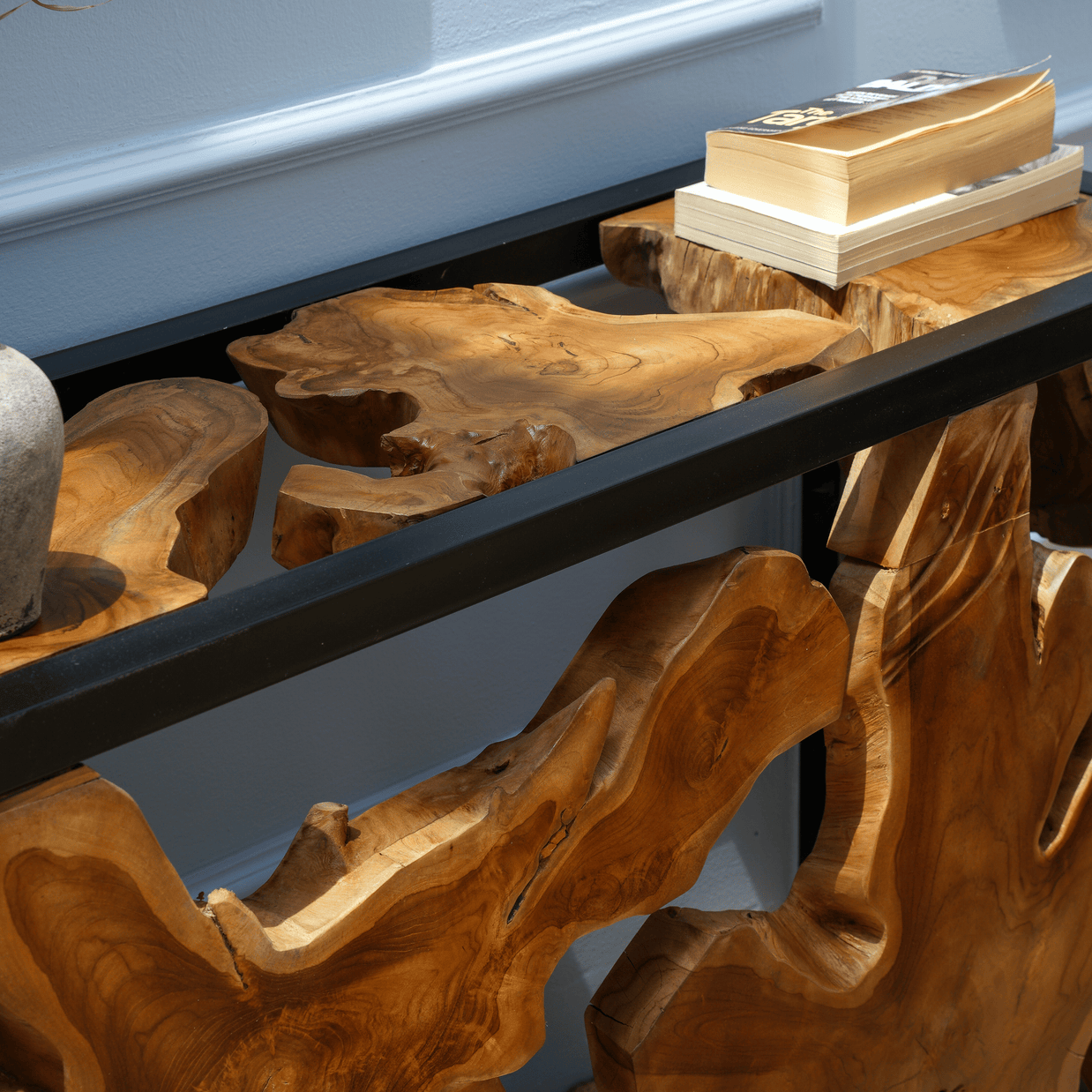 Teak root wood slice console table with metal frame