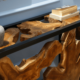 Teak root wood slice console table with metal frame