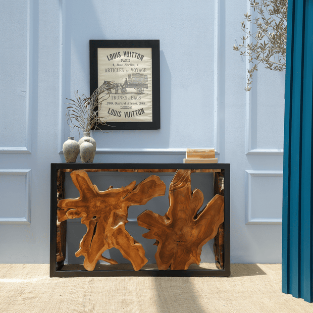 Duncan teak root wood console table front view