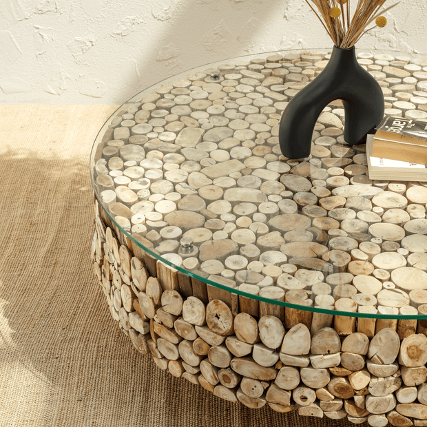 Hawaii round coffee table natural driftwood base