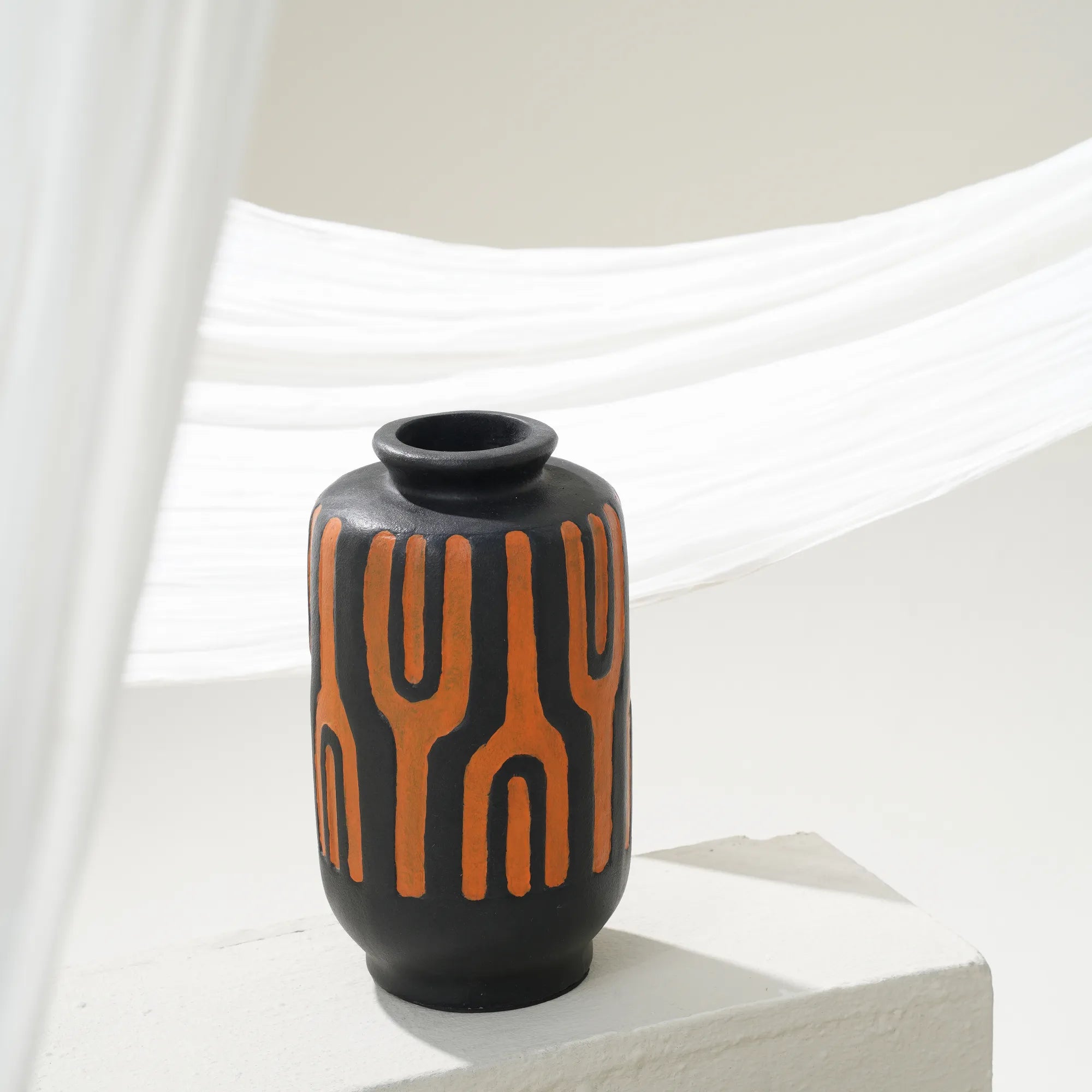 PRIMITIVE VASE-ORANGE AND BLACK