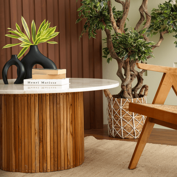 Round marble coffee table slatted teak base