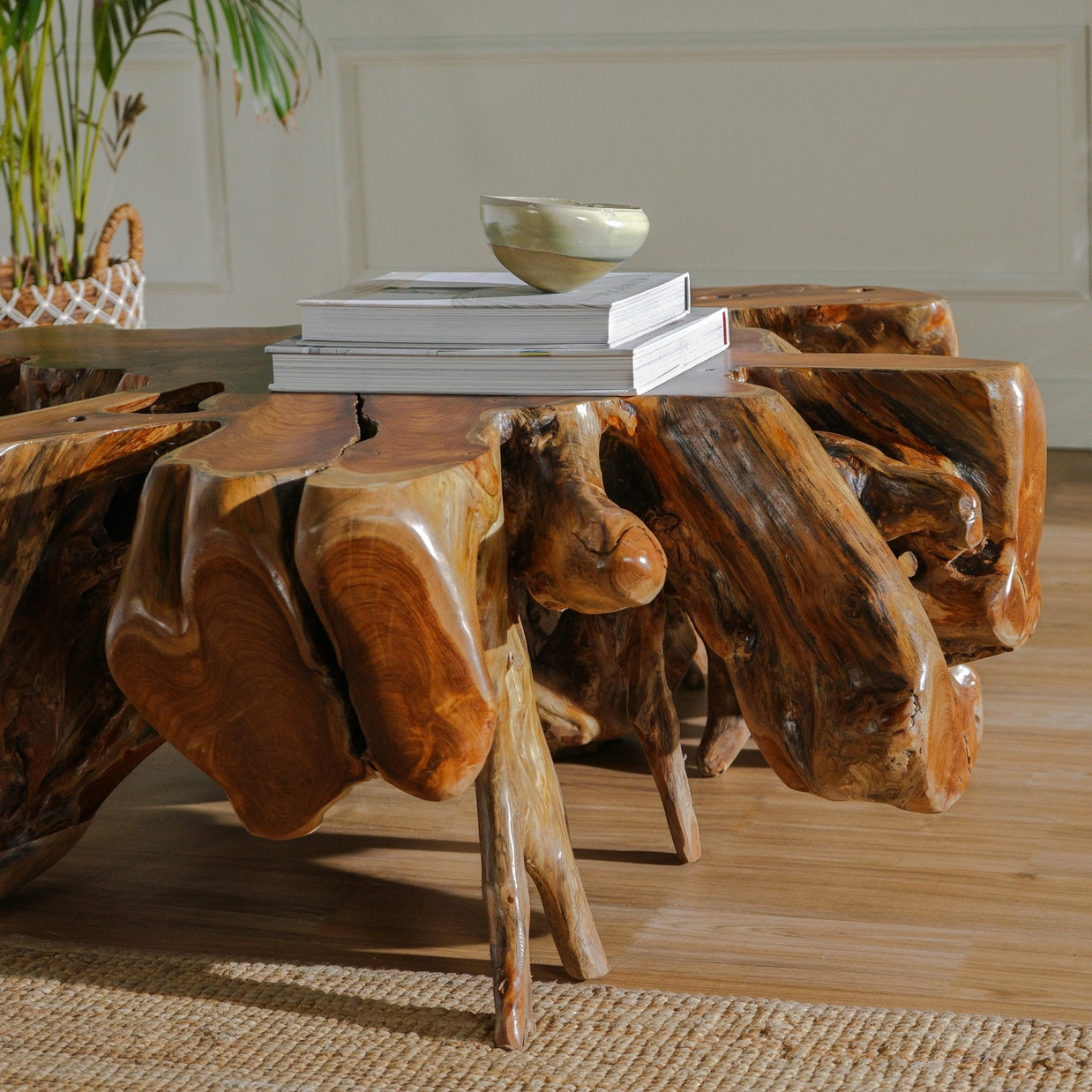 Handcrafted teak root coffee table for modern interiors