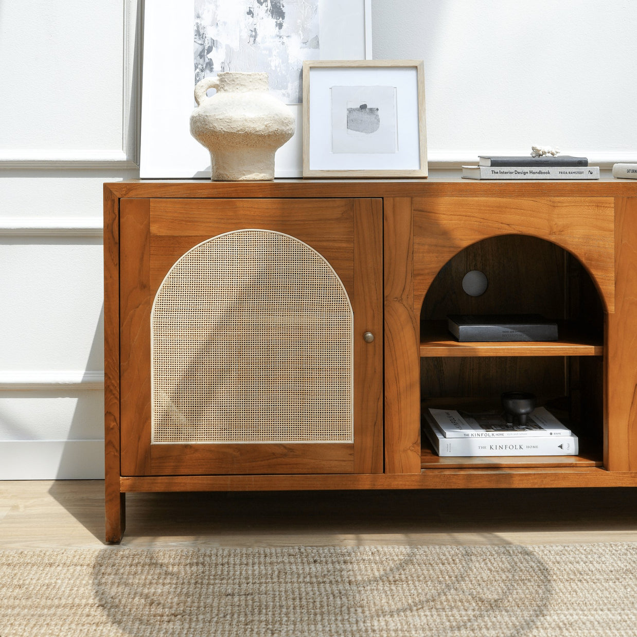 Mewah TV console with open shelving and concealed cable management
