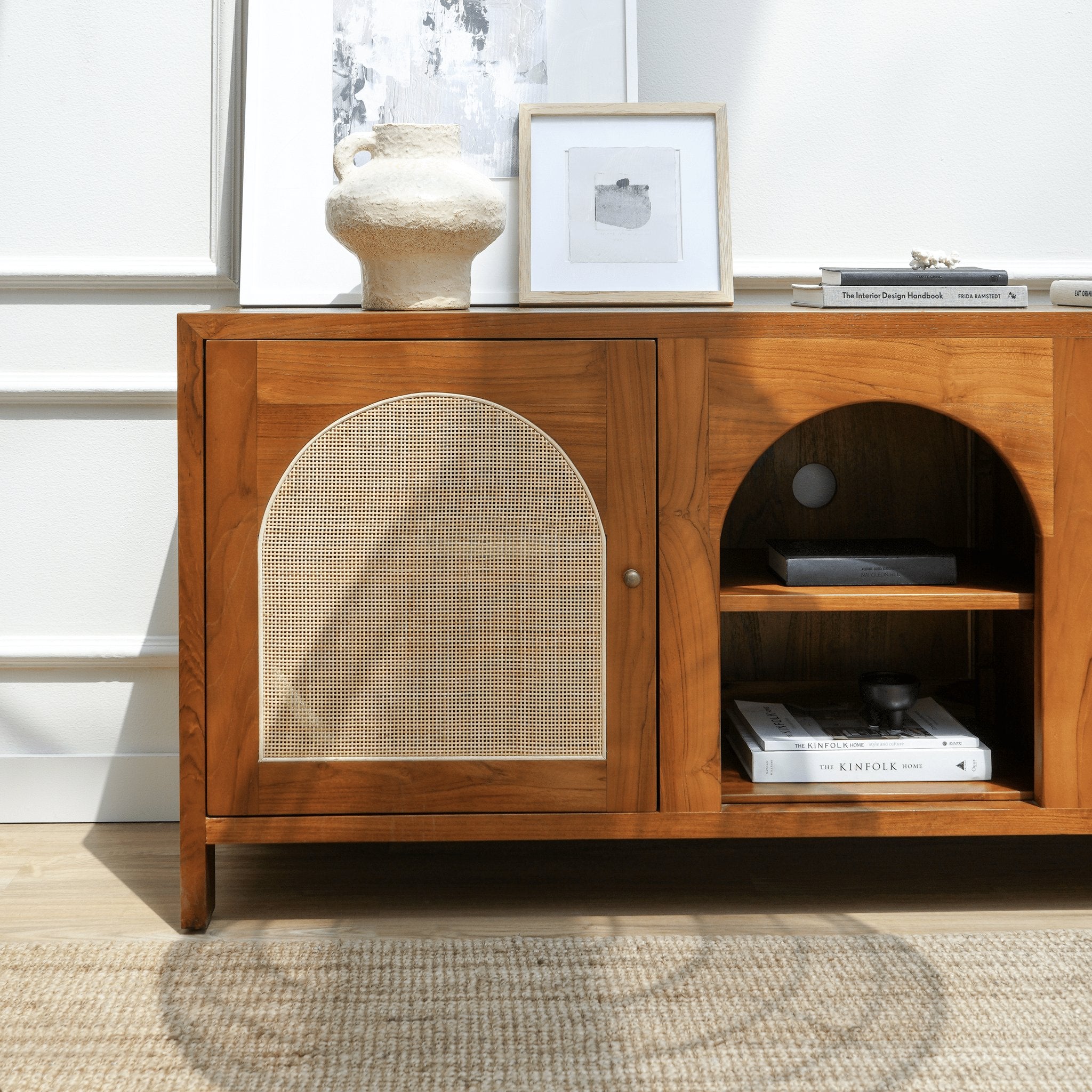 Mewah TV console with open shelving and concealed cable management