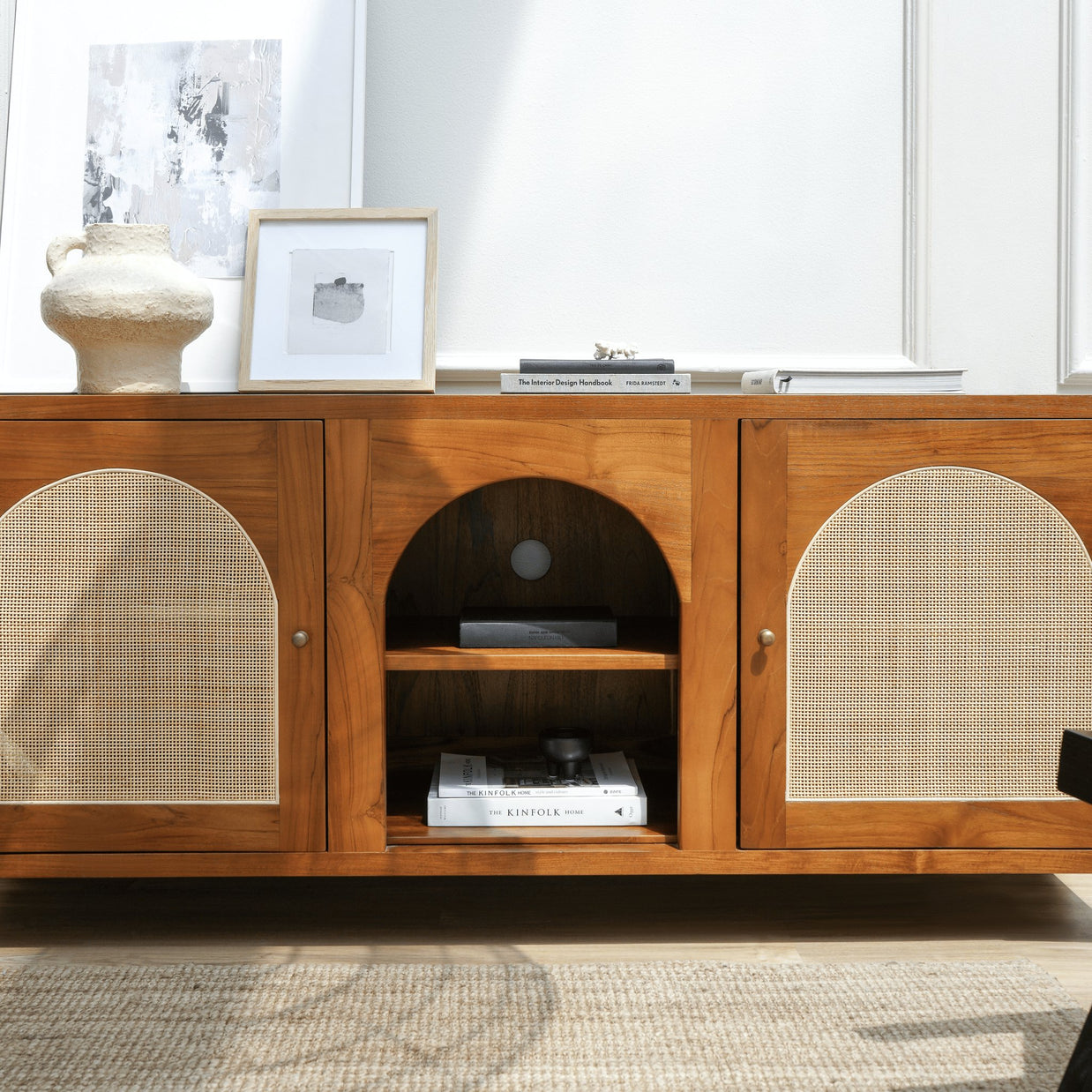Mewah TV console with open shelving and concealed cable management